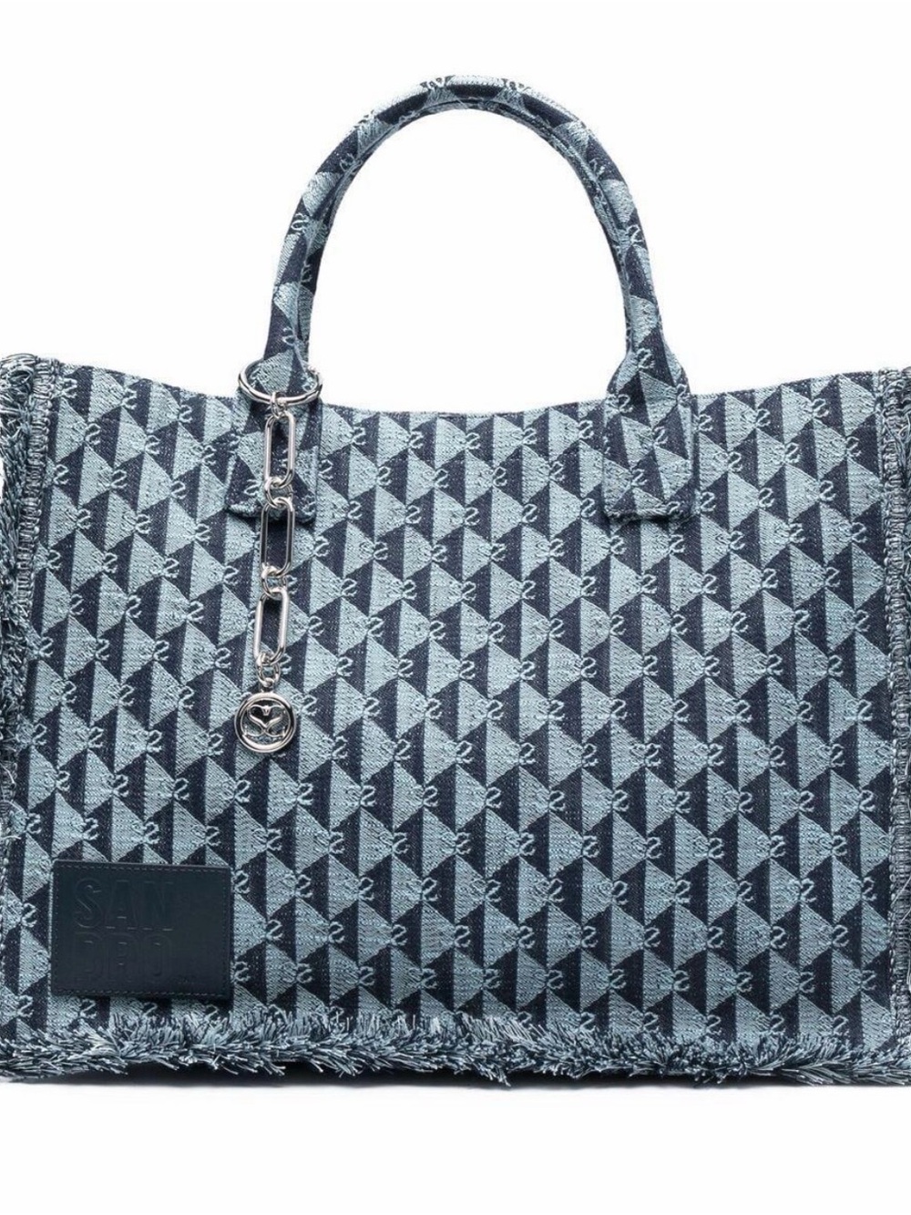 Sandro Navy and Light Blue Patterned Tote with Chain Charm